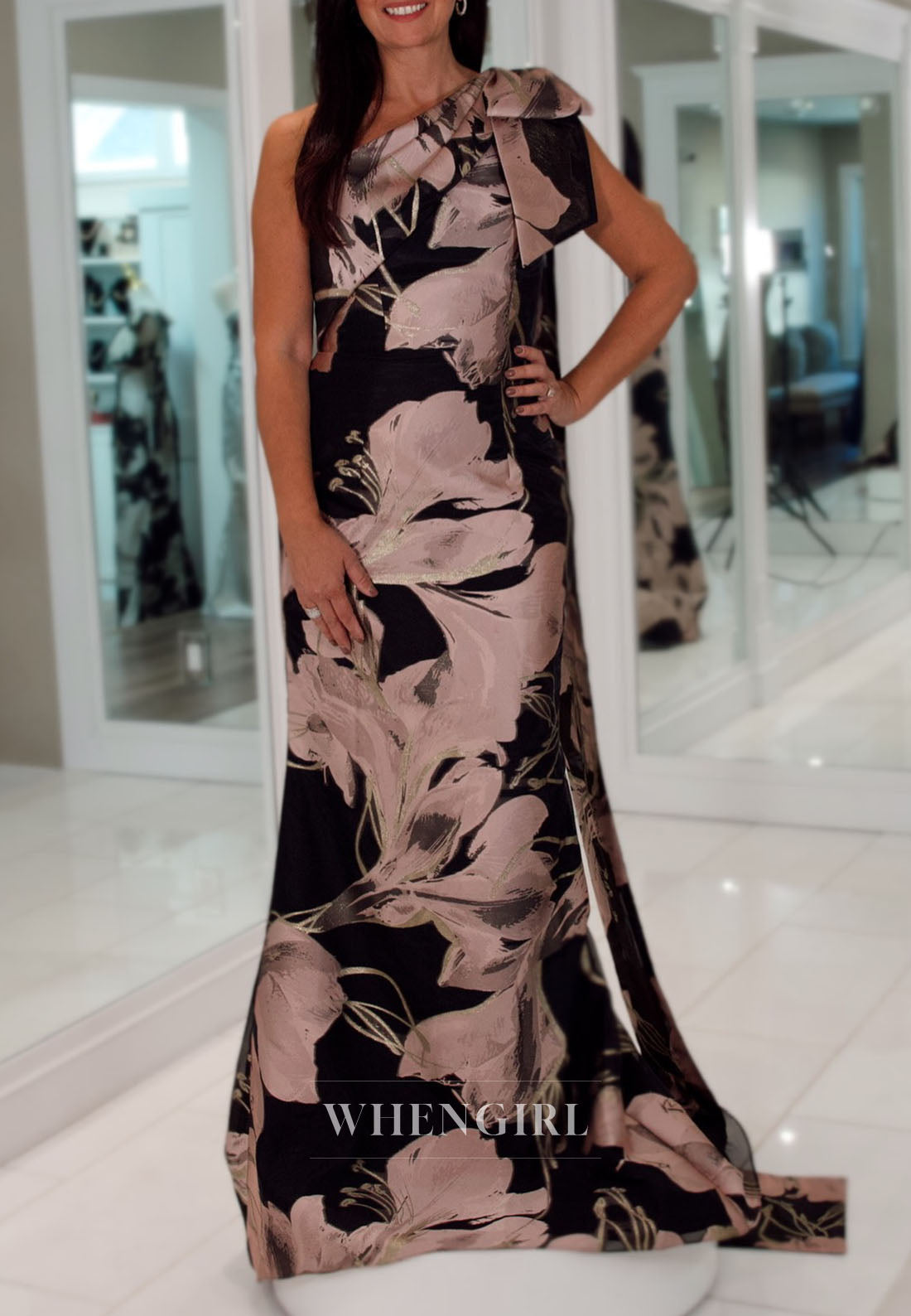 One-Shoulder Floral Evening Gown with Shoulder Drape