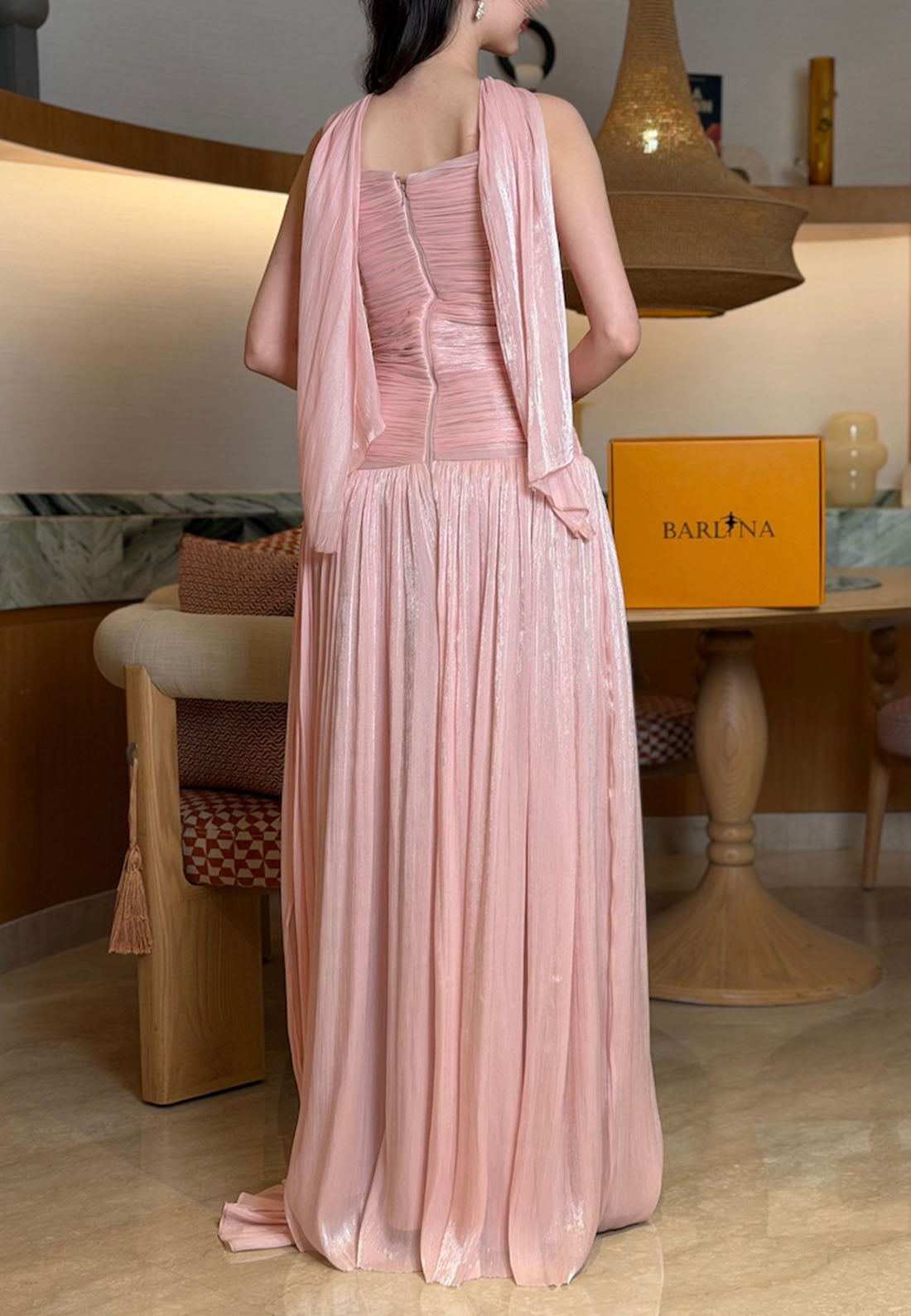 Ruched Maxi Gown with Rosette and Drape