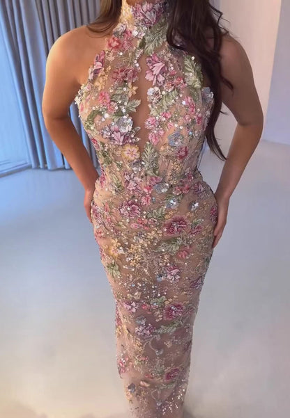 Halter Floral Sequin Mermaid Gown
