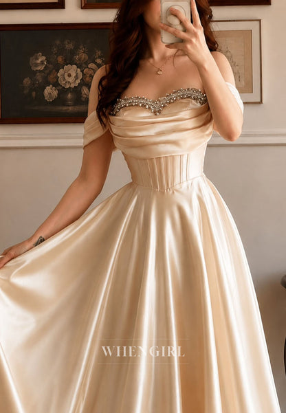 Off Shoulder Satin A-Line Formal Gown with Beaded Bodice