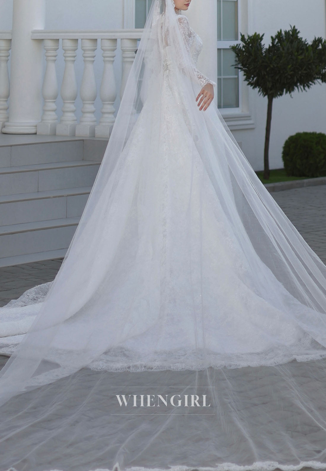 High Neck Lace Long Sleeve Ball Gown Wedding Dress