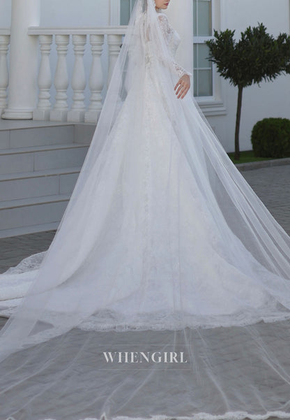 High Neck Lace Long Sleeve Ball Gown Wedding Dress