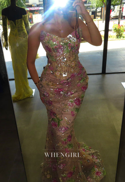 Strapless Floral Sequin Corset Evening Gown