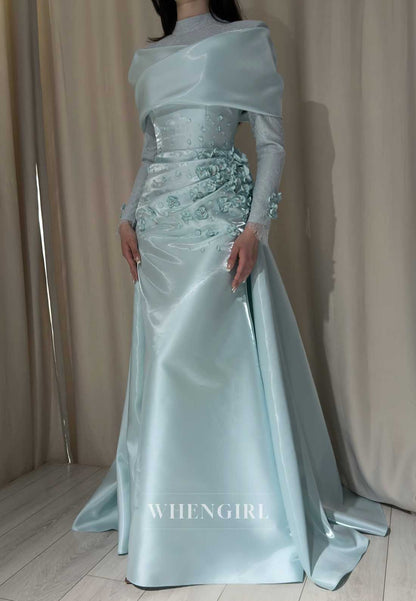 Long Sleeve Satin Formal Gown with 3D Flowers