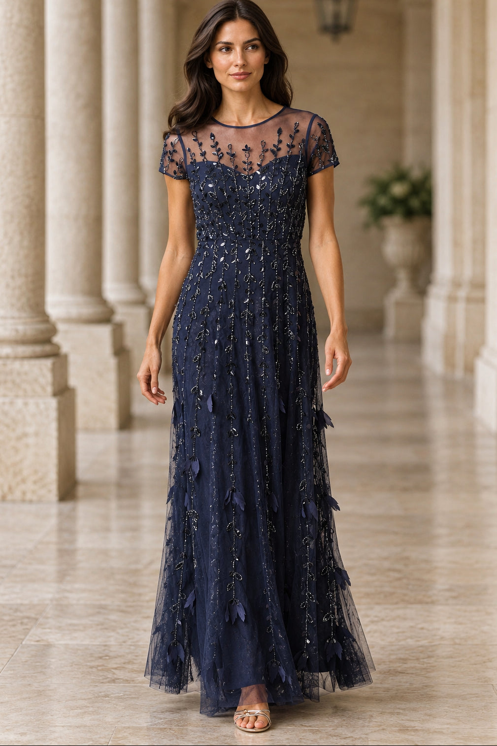 Beaded Illusion A-Line Maxi Dress with Sleeves