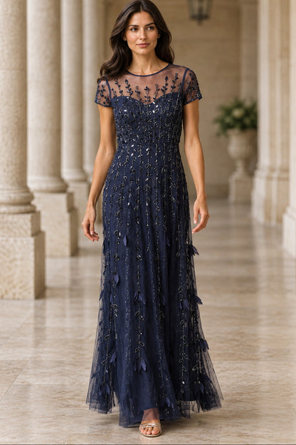 Beaded Illusion A-Line Maxi Dress with Sleeves