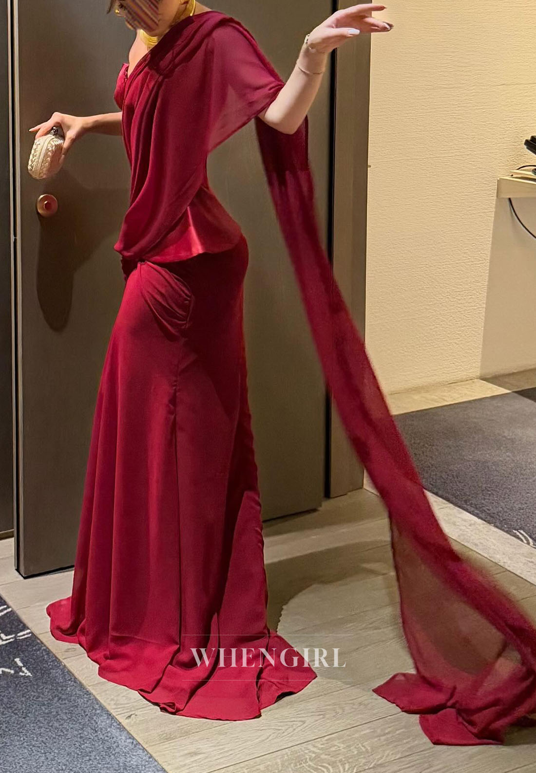 Corset Peplum Evening Gown with Shoulder Drape