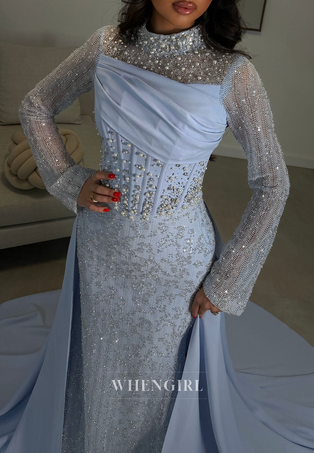 High-Neck Beaded Mermaid Gown with Overskirt