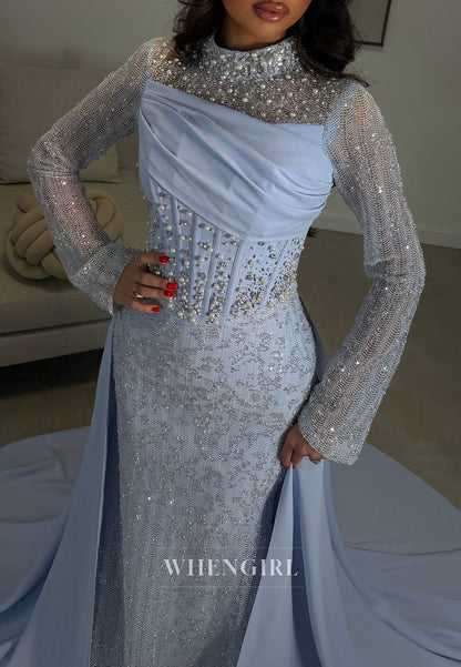 High-Neck Beaded Mermaid Gown with Overskirt