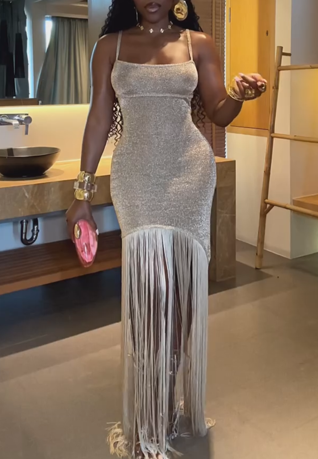 Shimmer Bodycon Maxi Dress with Fringe Hem