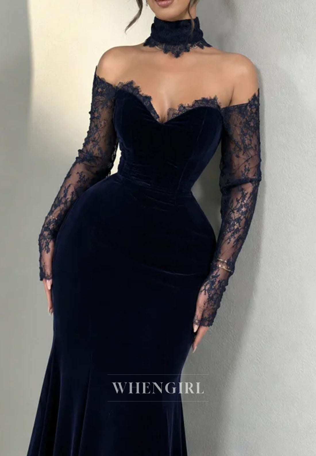 Velvet Mermaid Gown with Lace Sleeves and Choker