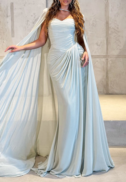 Ruched Evening Gown with Cape and 3D Flowers
