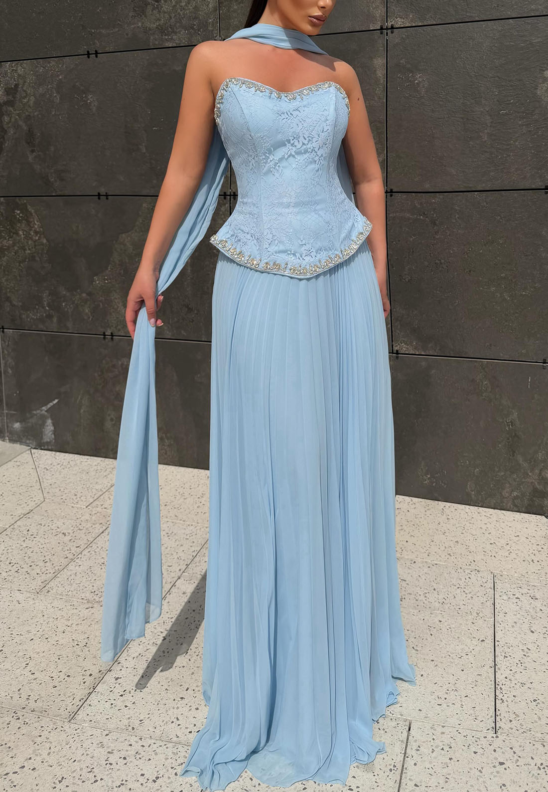 Lace Corset Pleated Evening Gown with Scarf