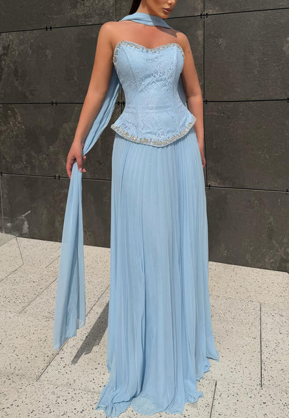Lace Corset Pleated Evening Gown with Scarf