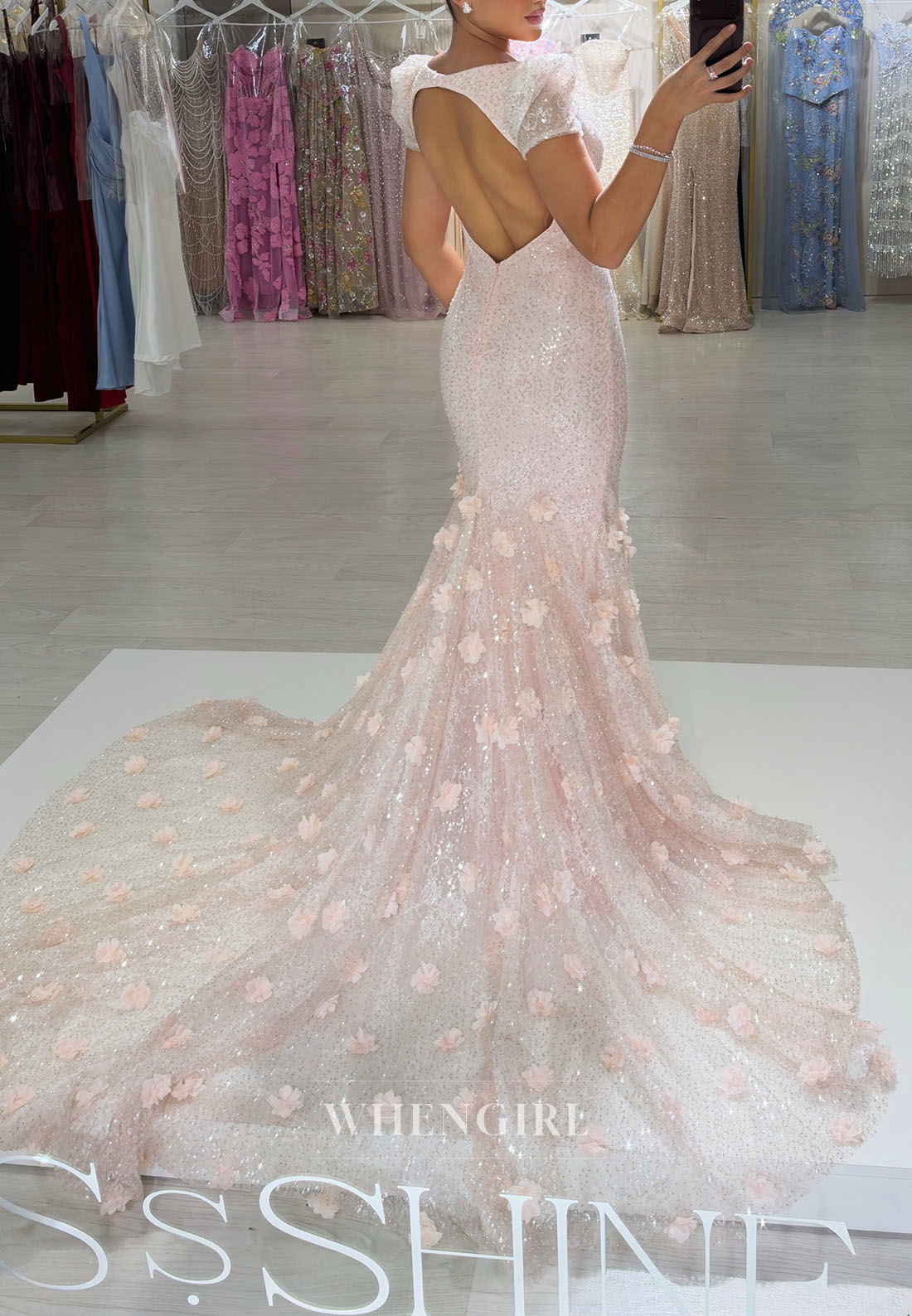 Sequin Mermaid Gown with 3D Flowers
