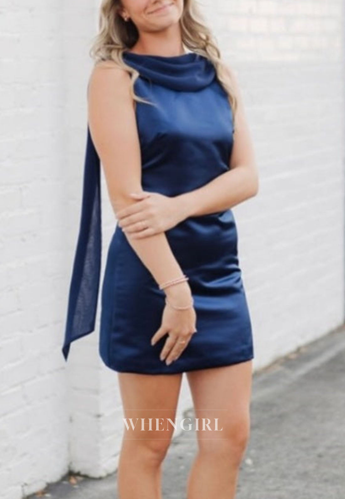 Cowl Neck Satin Mini Dress with Draped Tail Sash