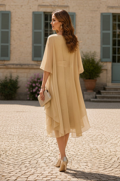 Lace Midi Dress with Flowy Chiffon Shawl & Sash