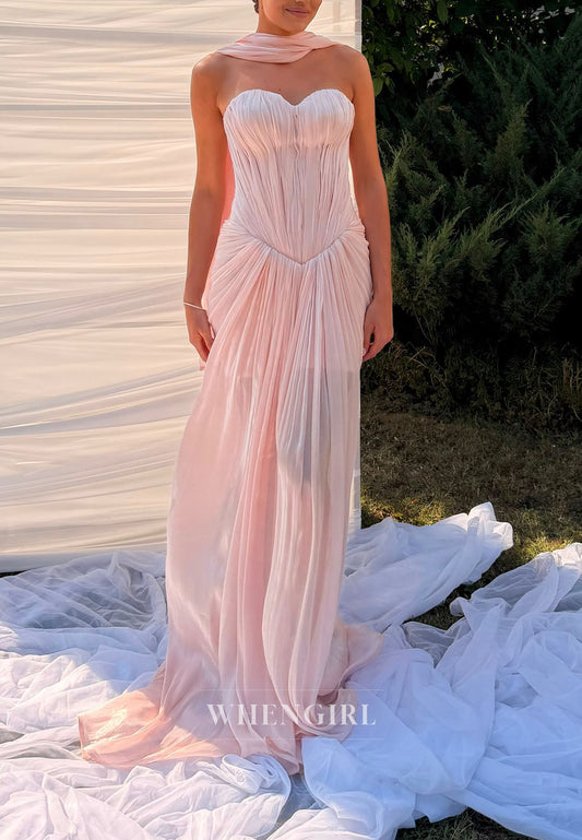 Strapless Pleated Corset Gown with Scarf