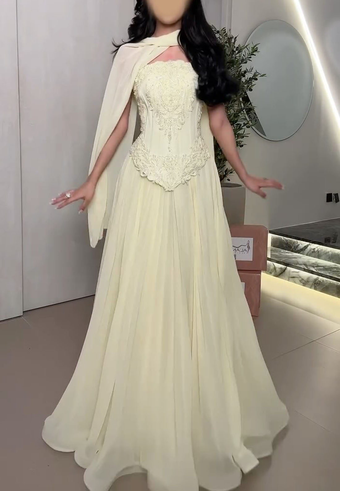Embroidered Corset Gown with Draped Cape