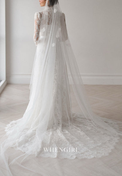 High Neck Long Sleeve Lace Column Wedding Dress
