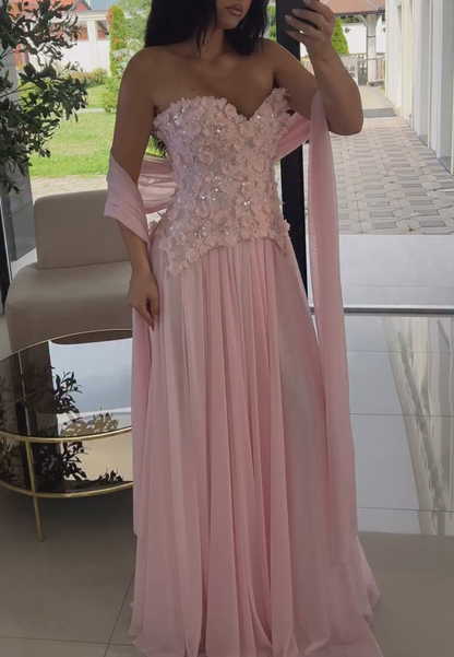 3D Floral Corset Floor-Length Dress with Shawl