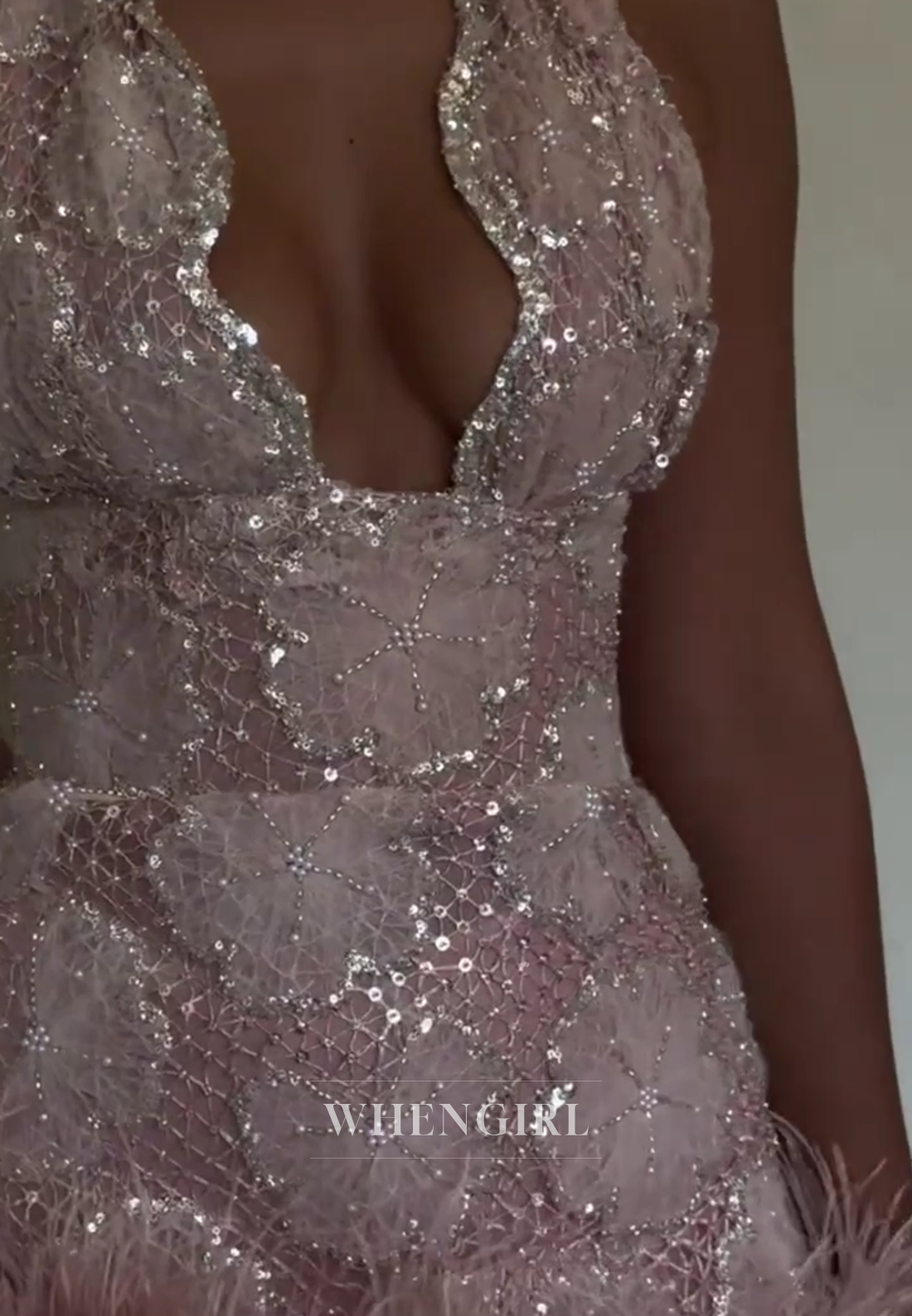 Halter Deep V-Neck Sequin Mini Dress with Feather Hem