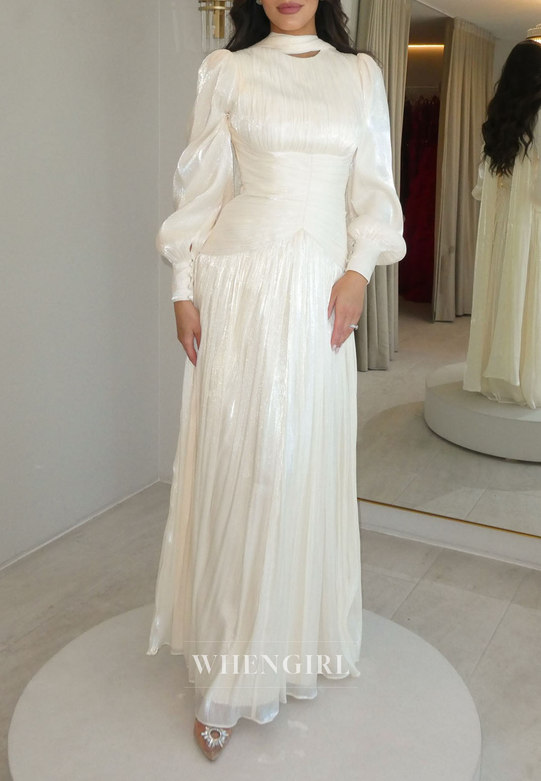 Pleated Long Sleeve Gown with High Neck