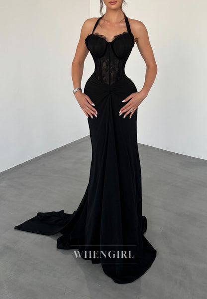 Corset Halter Evening Gown with Train