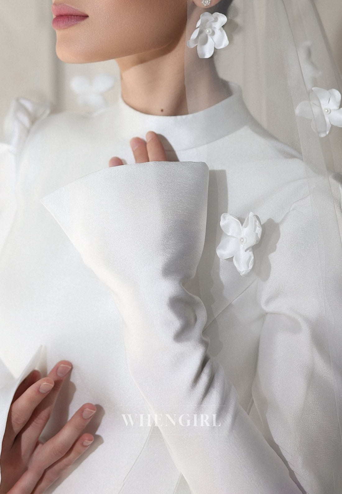 High Neck Satin Wedding Dress with 3D Flowers