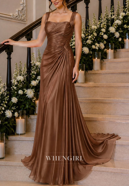 Ruched Sweetheart Satin Gown with Sweep Train