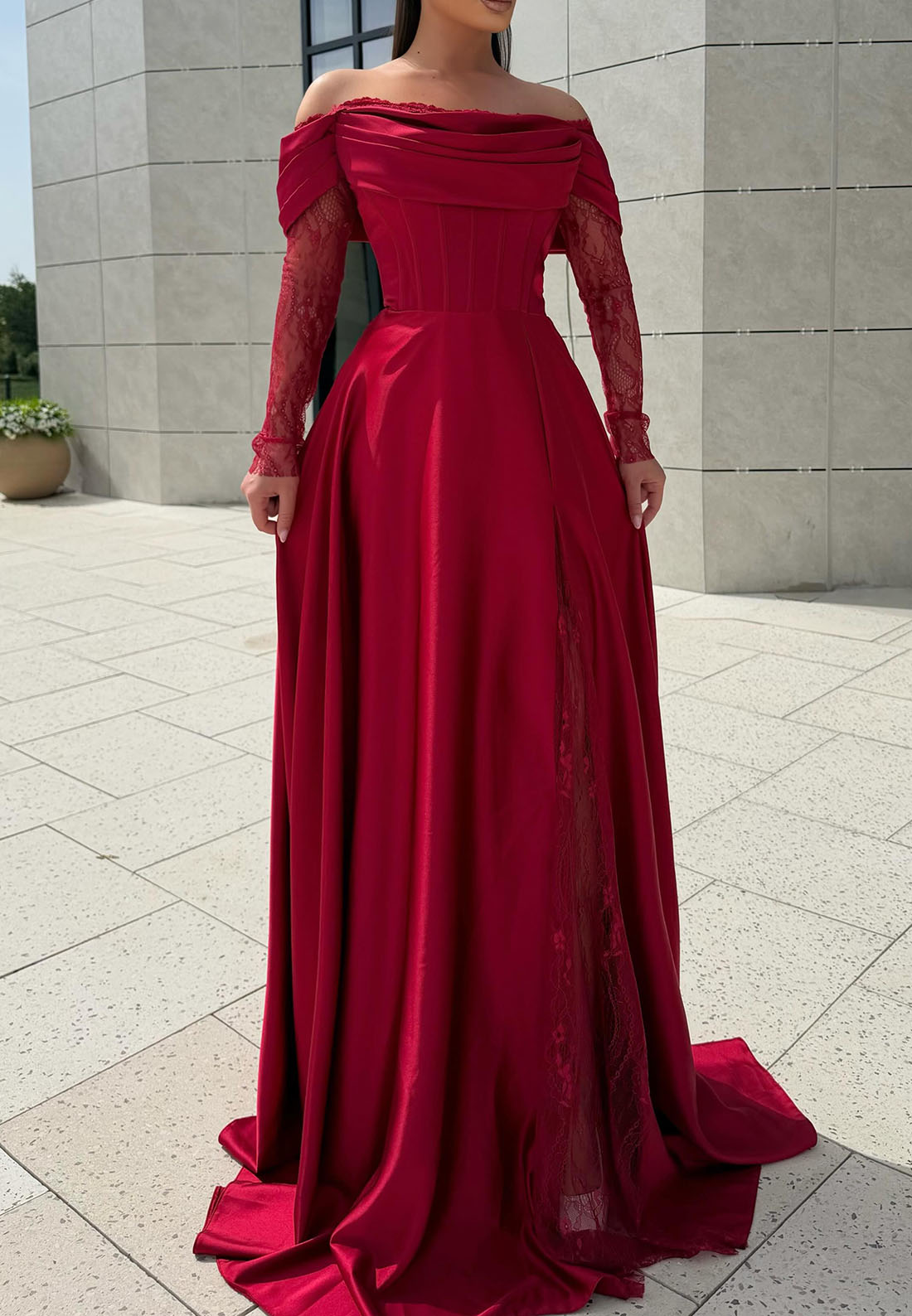 Off-the-Shoulder Corset Gown with Lace Sleeves