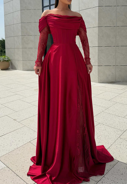 Off-the-Shoulder Corset Gown with Lace Sleeves