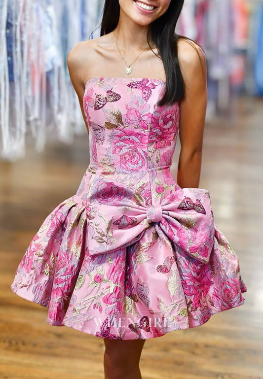 Strapless Jacquard Mini Dress with Statement Bow