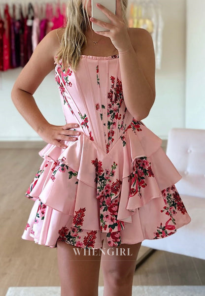 Floral Print Corset Mini Dress with Tiered Ruffle Skirt