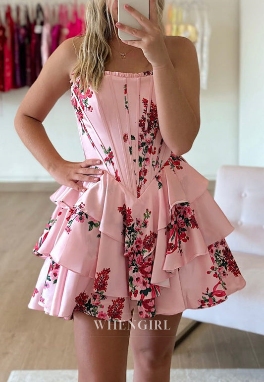 Floral Print Corset Mini Dress with Tiered Ruffle Skirt