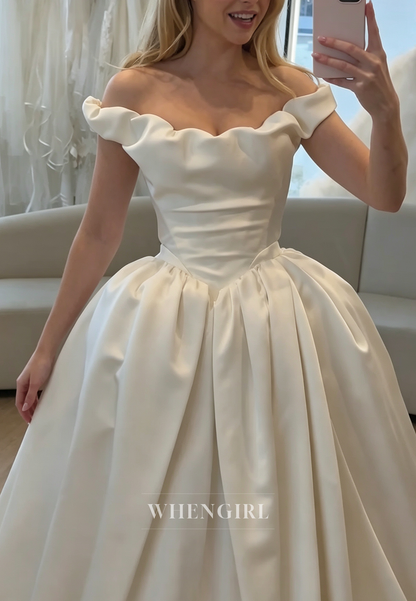 Off-the-Shoulder Pleated Ball Gown Wedding Dress