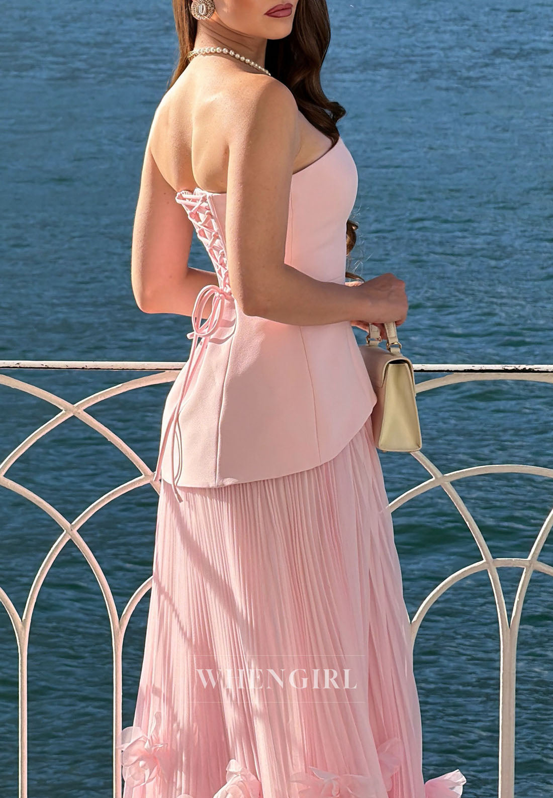 Strapless Pleated Gown with 3D Floral Appliques