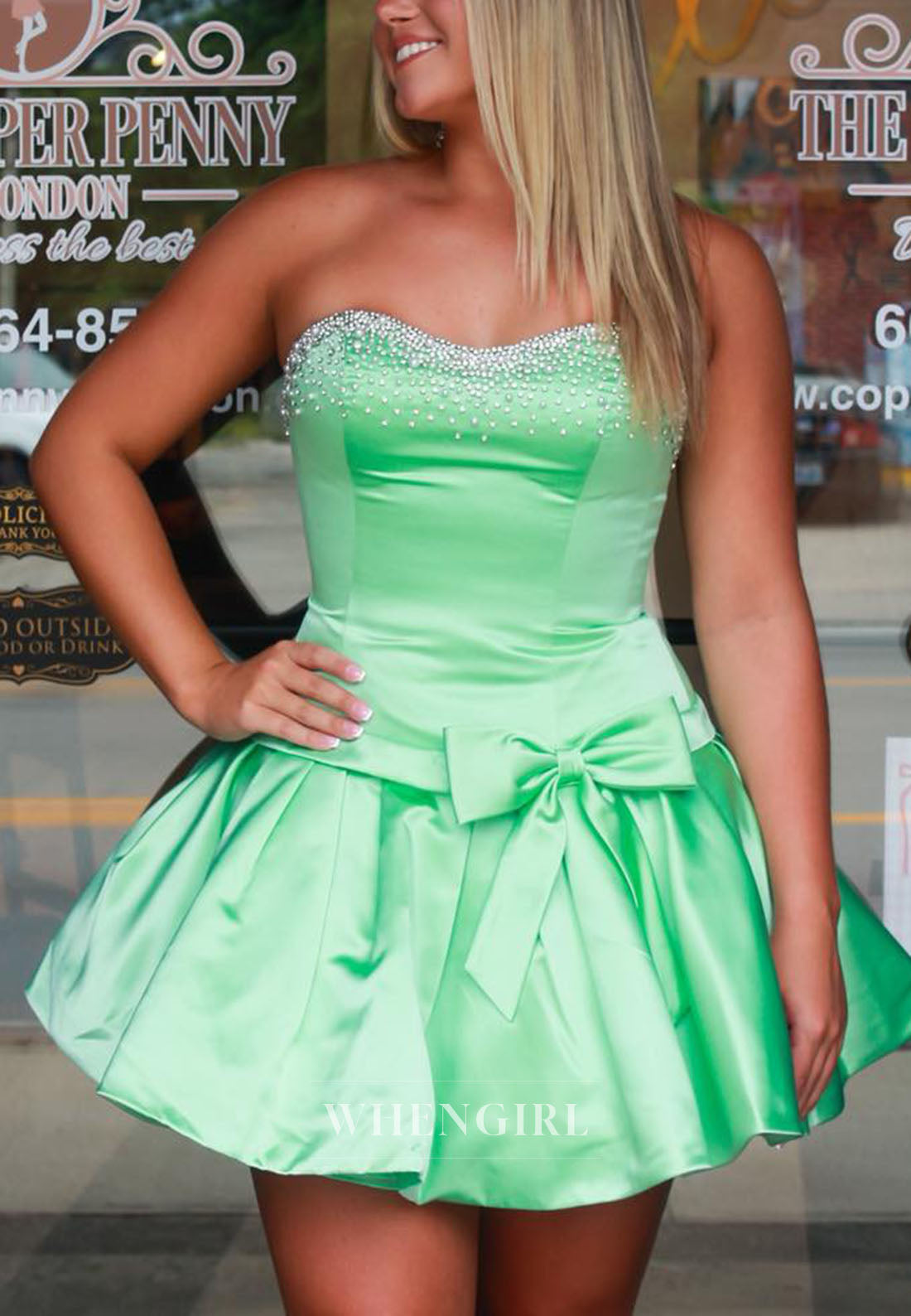 Strapless Beaded Satin Mini Dress with Waist Bow