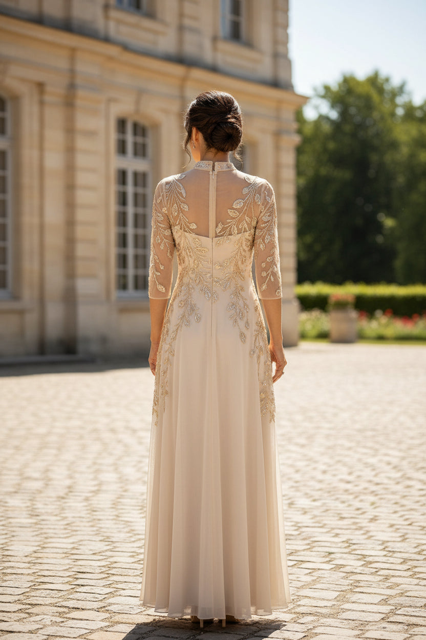 Illusion Beaded A-Line Evening Gown with 3/4 Sleeves