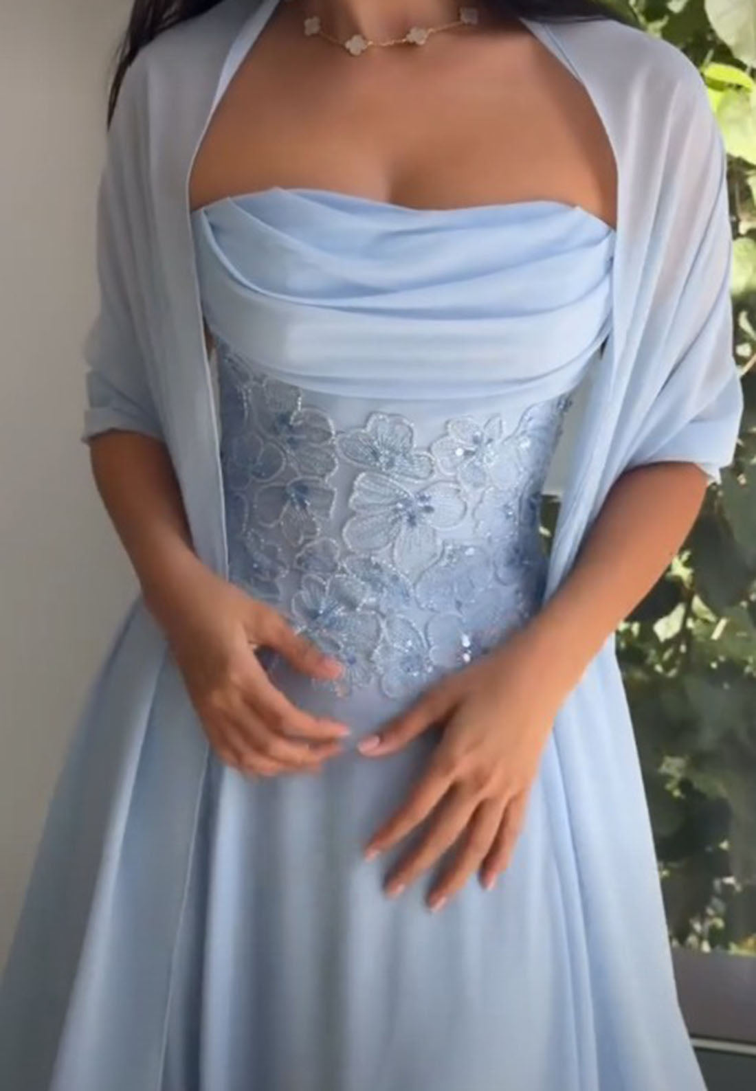 Strapless Floral Applique Gown with Shawl