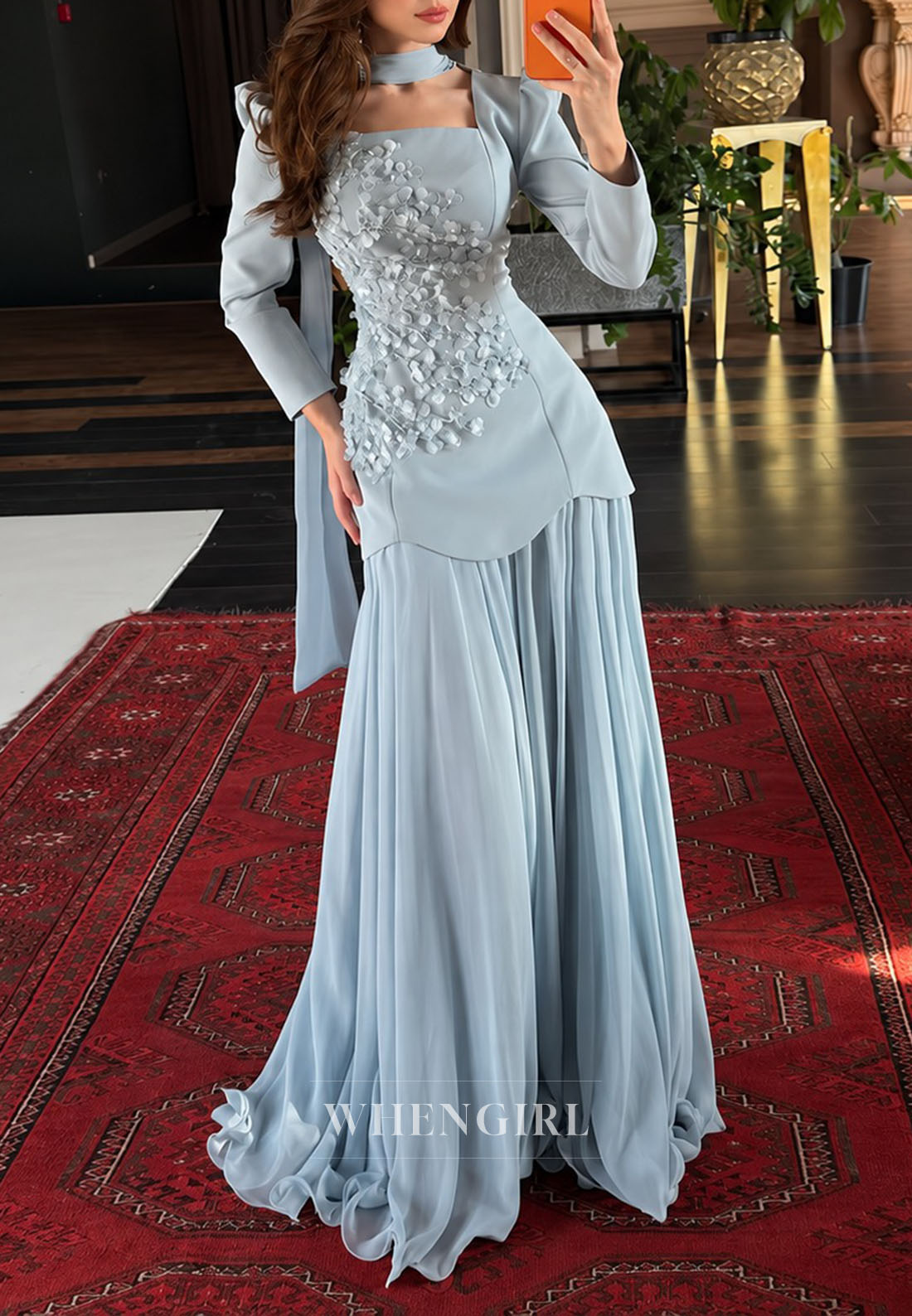 Floral Applique Peplum Gown with Chiffon Skirt