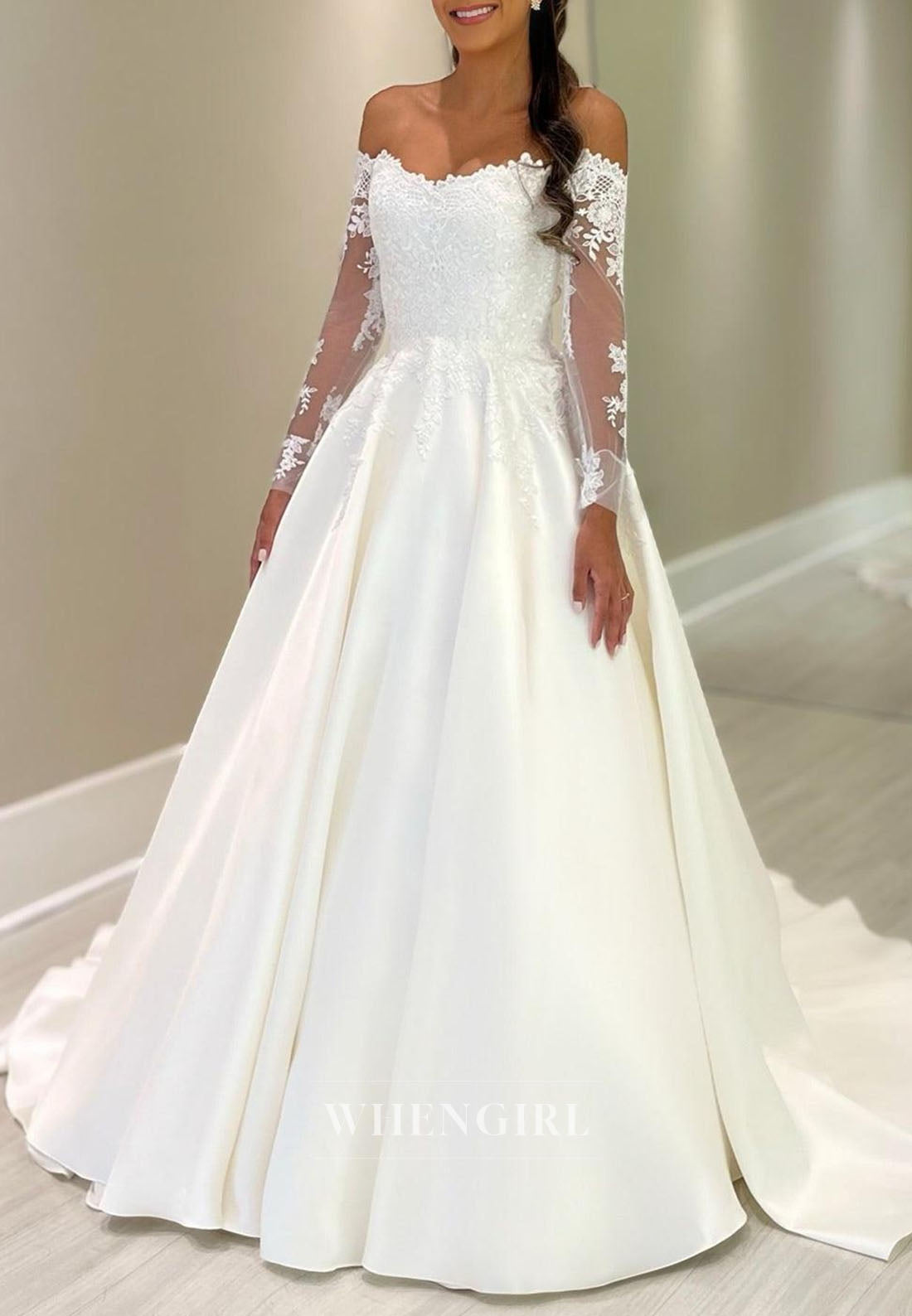 Off-the-Shoulder Lace Sleeve A-Line Bridal Gown