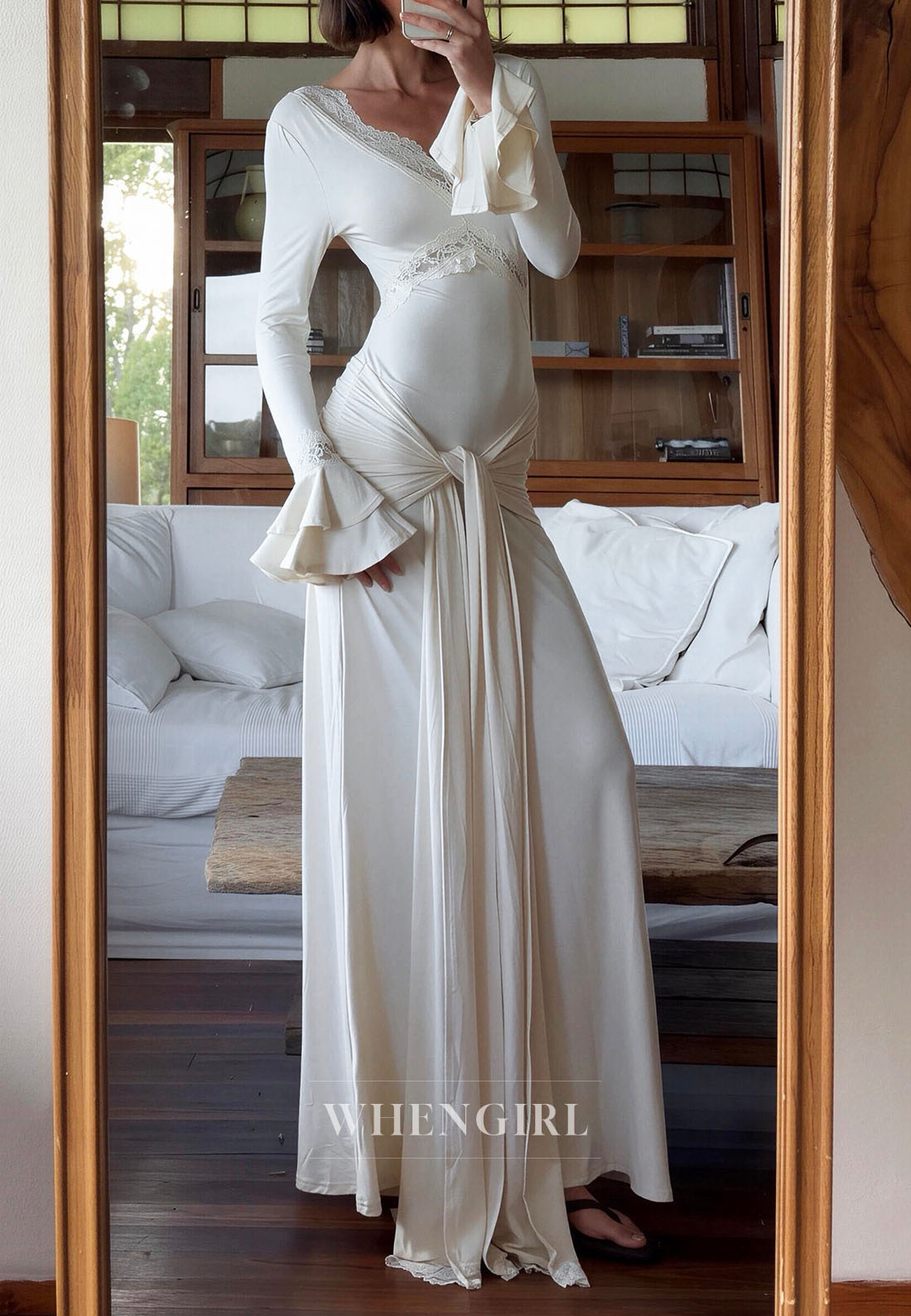 Lace Trim V-Neck Maxi Dress with Flounce Sleeves
