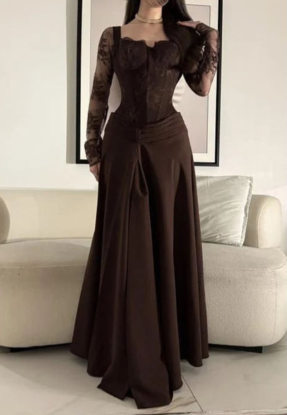 Lace Corset Long Sleeve A-Line Evening Gown