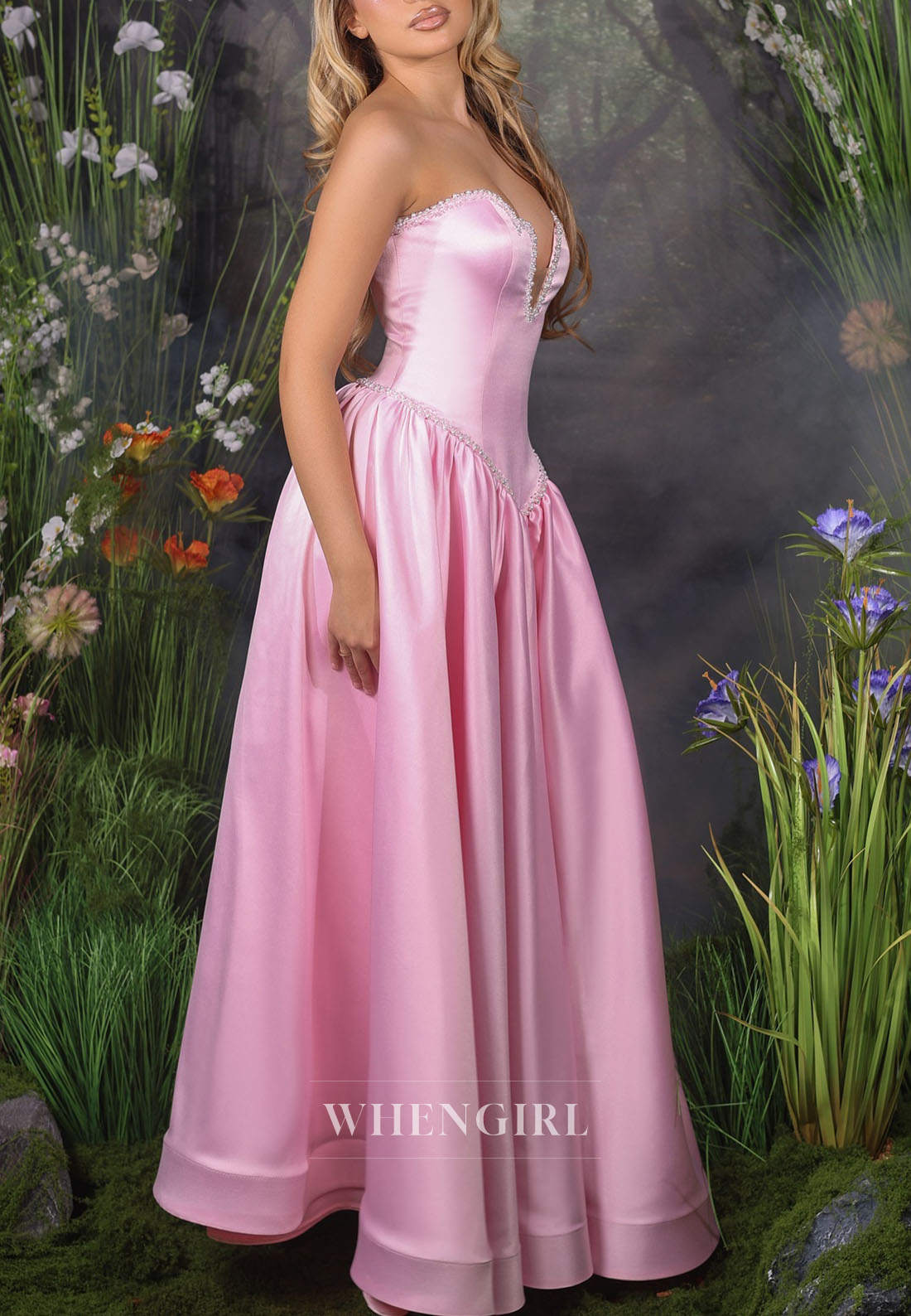Strapless Satin Ball Gown with Beaded Sweetheart Neckline