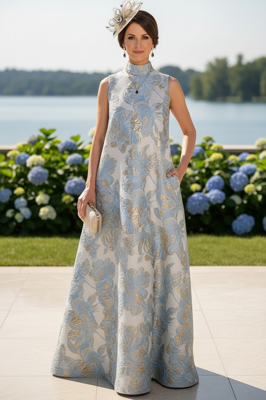 High Neck Metallic Jacquard Trapeze Maxi Dress