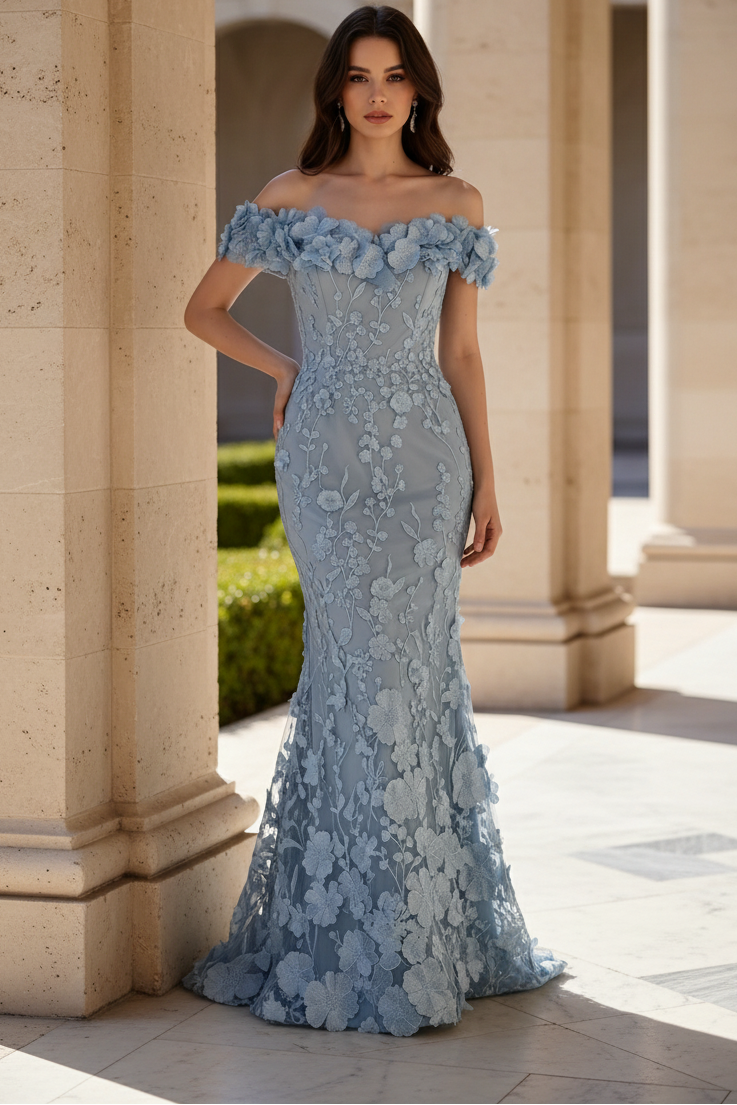 3D Floral Off-the-Shoulder Trumpet Evening Gown