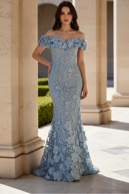 3D Floral Off-the-Shoulder Trumpet Evening Gown