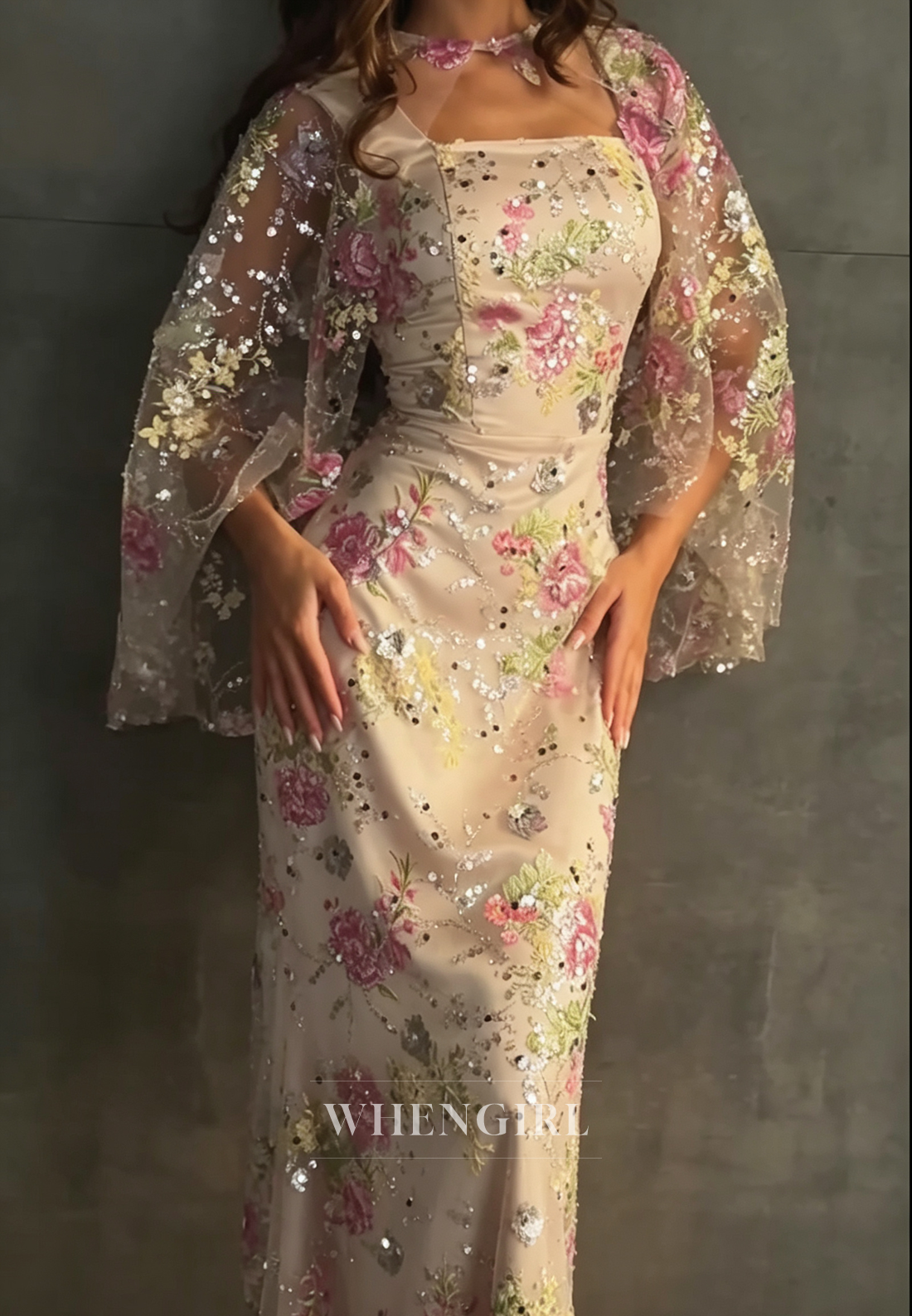 Floral Embroidered Sequin Cape Evening Gown