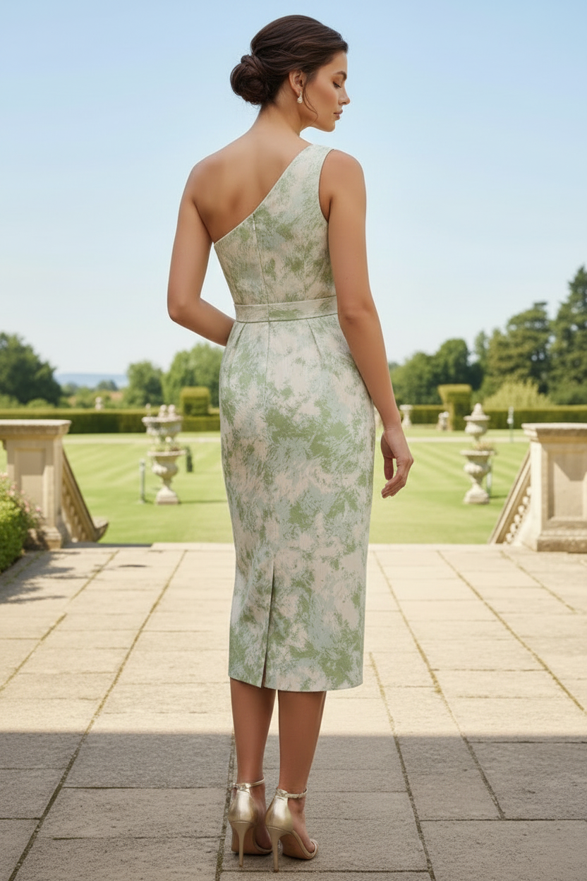 One-Shoulder Jacquard Midi Dress with Waist Bow